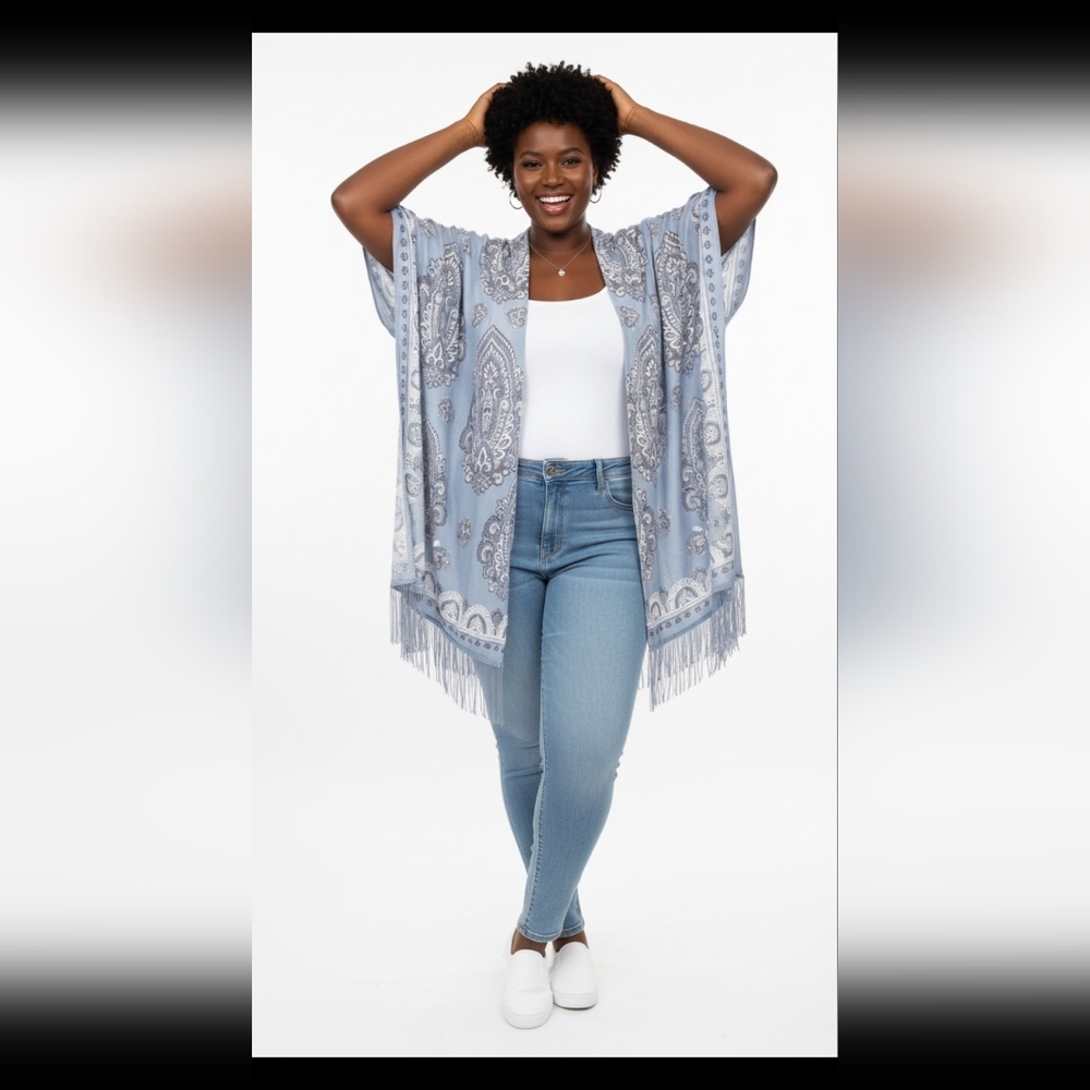 💗Semi Sheer Paisley Kimono Shrug in Light Blue